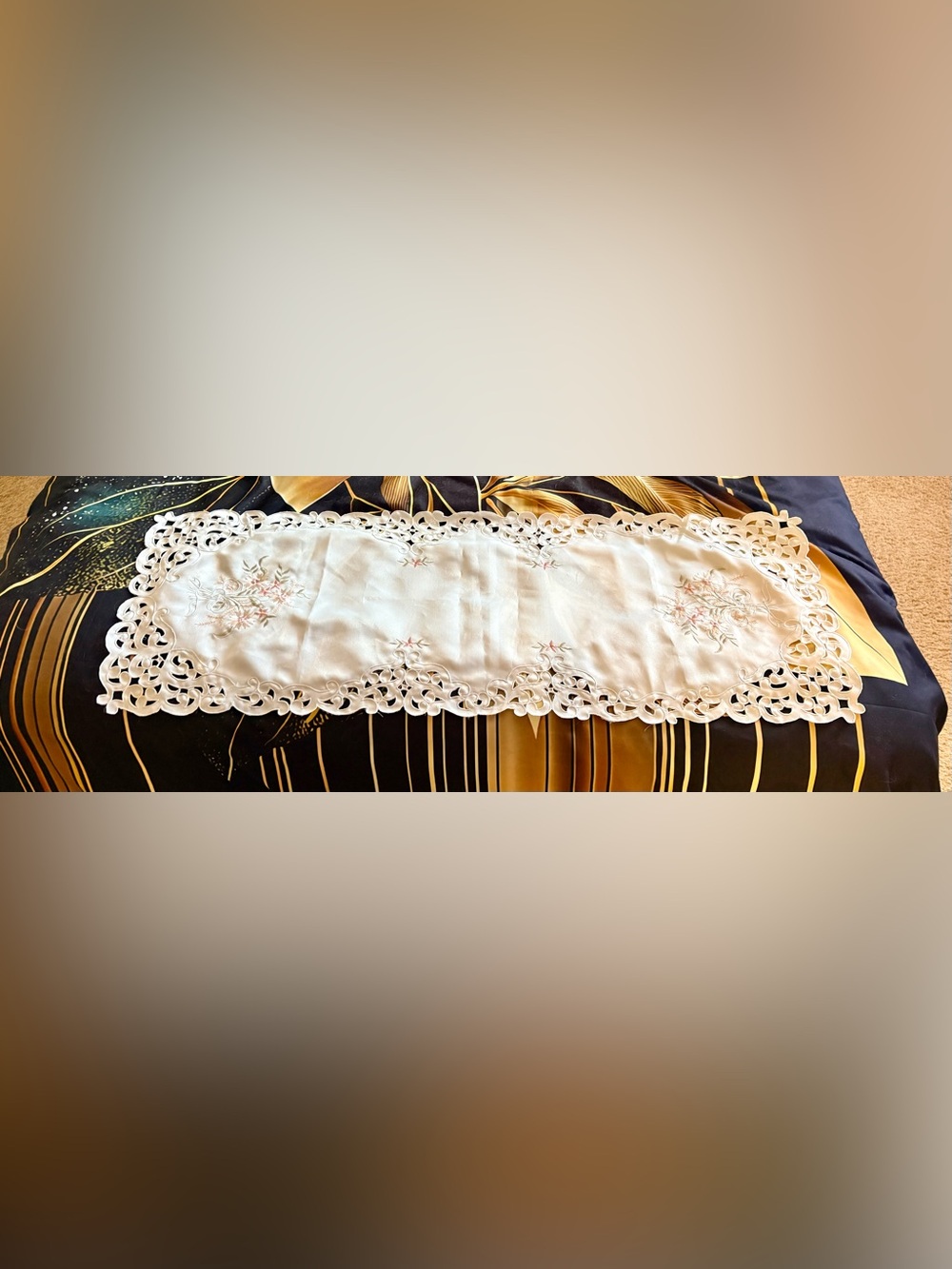 Elegant White Cutwork Table Runner with Subtle Pink Embroidery - Unbranded